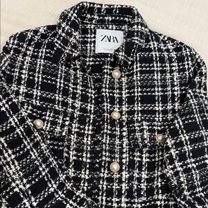 ZARA Black & White Tweed Pearl-Button Jacket